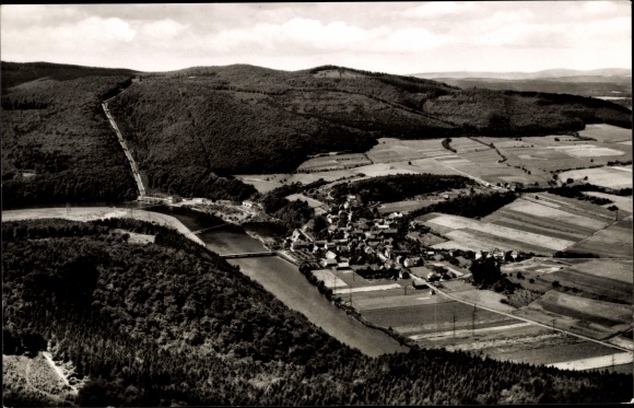 PC Hemfurth Edertal Hessen, general view of the place, bird&#39;s eye view, river bend, pipes, forest