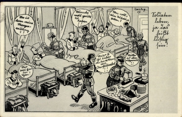 Artist Postcard Barlog, Soldier's life means being funny, Wehrmacht, officer, dormitory, II. WW