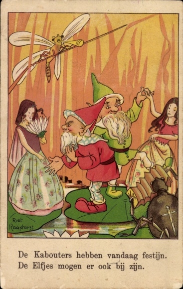 Artist Postcard Raaphorst, Riek, dwarves dancing with fairies, dragonfly playing trumpet, spider on accordion