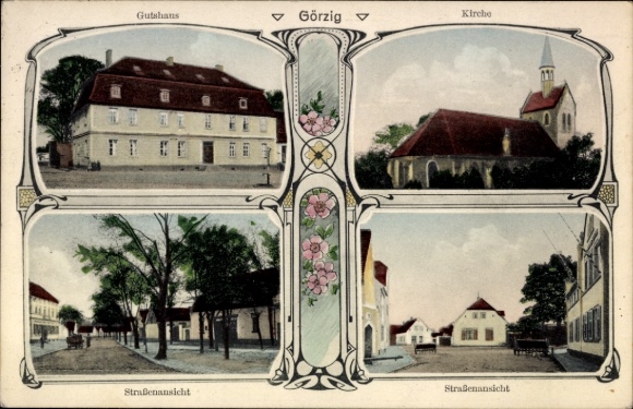 Ak Görzig in Anhalt, herenhuis, kerk, straatzicht