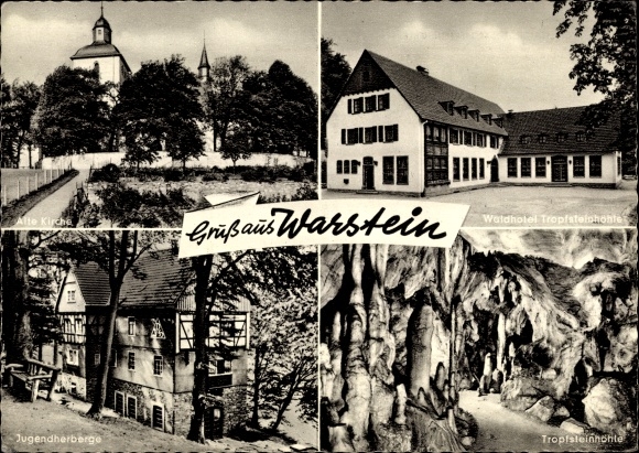 Postcard Warstein im Sauerland, Gasthof Stimm Stamm, stalactite cave, youth hostel, church, hotel