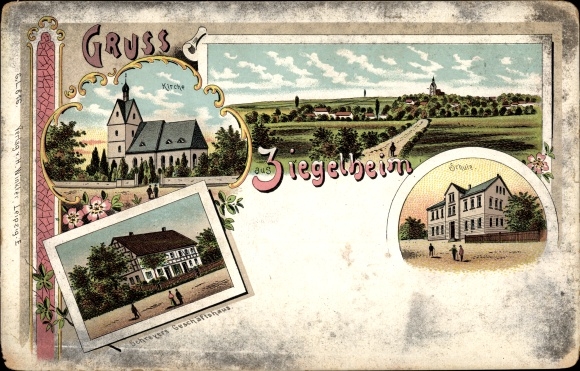 litho Ziegelheim in Thüringen, kantoorgebouw van Schreyer, school, kerk, panorama van de plaats