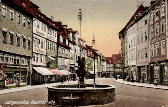 Postcard Bad Langensalza in Thuringia, Marktstraße, Brunnenden, architecture, commercial buildings