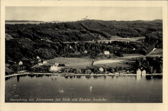 Postcard Herrsching am Ammersee, aerial photograph, Andechs Monastery