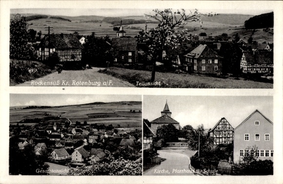 Postcard Rockensüß Cornberg in Hessen, total view, church, rectory, school