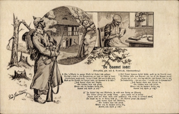 Artist Postcard Schneider, Rud., De Haamet lures, soldier, Erzgebirge dialect