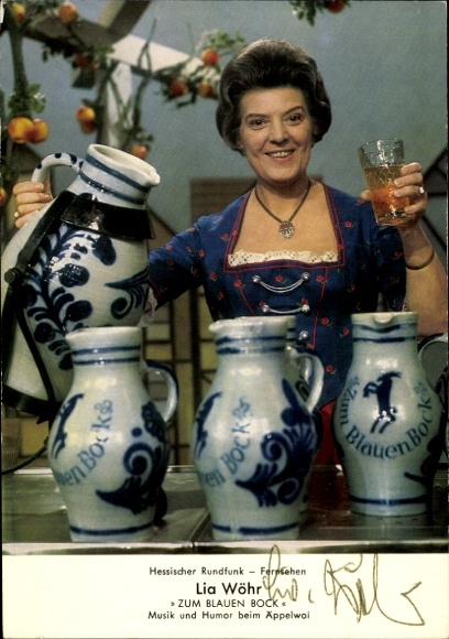 Postcard actress Lia Wöhr, portrait, Zum blauen Bock, music and humor at Äppelwoi, autograph