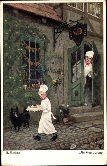 Artist PC Skarbina, Helmut, The temptation, confectioner, apprentice with cake, dog