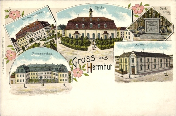 Litho Herrnhut in der Oberlausitz Sachsen, Herrschaftshaus, Kirche, Denkmal, Museum, Schwesternhaus