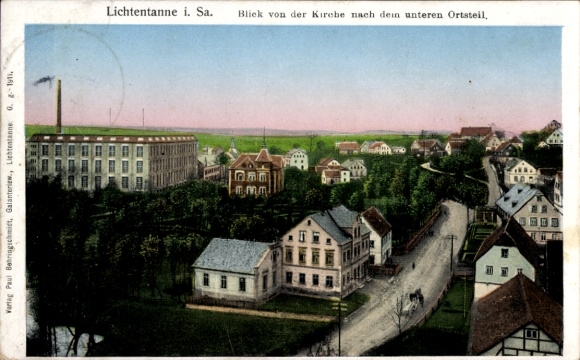 Postcard Lichtentanne Saxony, view from the church, lower part of the village, factory buildings, residential buildings
