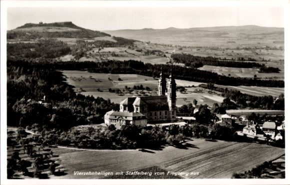 Postcard Vierzehnheiligen Bad Staffelstein am Main Upper Franconia, aerial photograph, Staffelberg