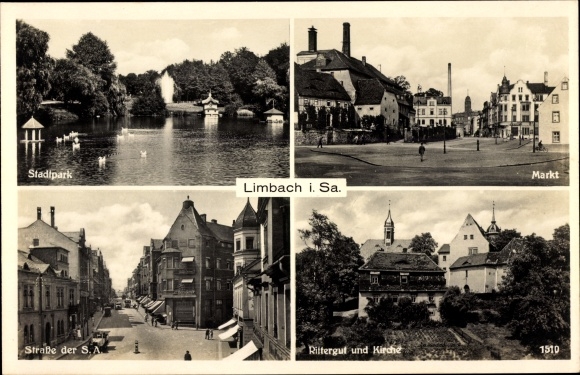 Ak Limbach in Sachsen, Stadtpark, Markt, Straße der SA, Rittergut, Kirche