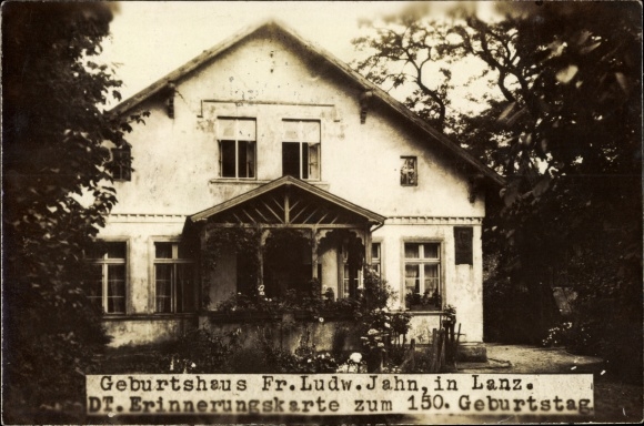Postcard Lanz in der Prignitz, birthplace of Friedrich Ludwig Jahn, gymnastics father Jahn, 150 birthday