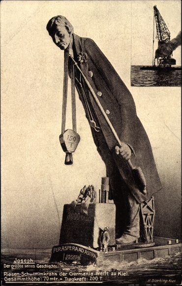 Artist PC Dierking, H., Kiel, Joseph, giant floating boat, Germania shipyard, humanized crane