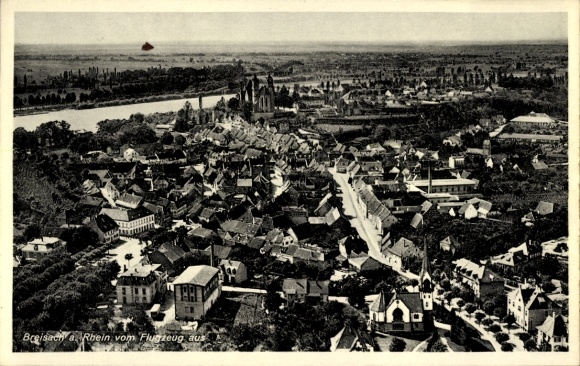 Postcard Breisach on the Upper Rhine, bird's eye view of Breisach, Rhine in the background, buildings
