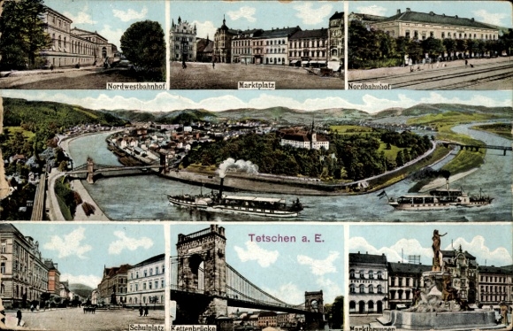 Ak Děčín Tetschen Bodenbach Elbe Aussig, marktplein, noordweststation, noordstation, brug