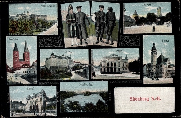 Ak Altenburg in Thüringen, Thüringer Trachten, Schloss, Theater, Rathaus, Bahnhof