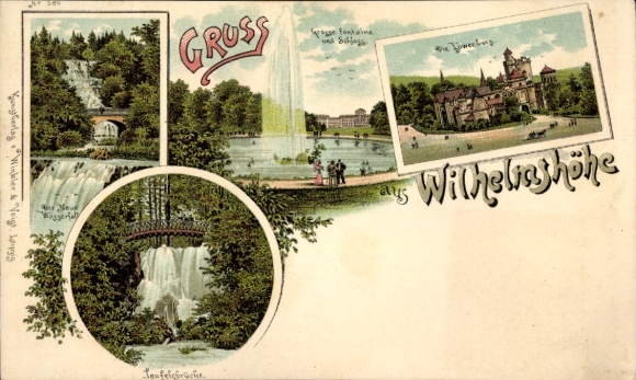 Chromo-Litho Bad Wilhelmshöhe Kassel Hesse, Devil's Bridge, Great Fountain, Löwenburg