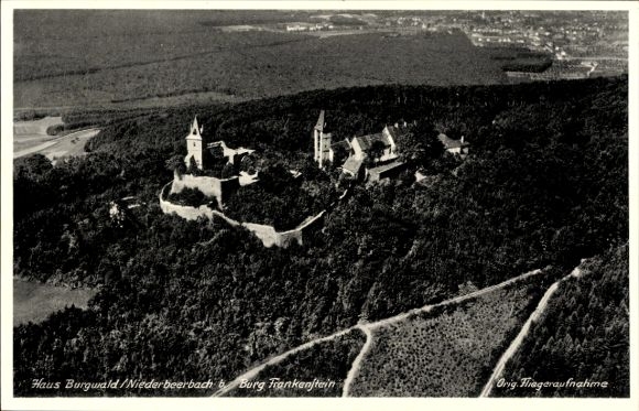 Postcard Nieder Beerbach Mühltal in the Odenwald, Burg Frankenstein, Haus Burgwald, aerial photograph