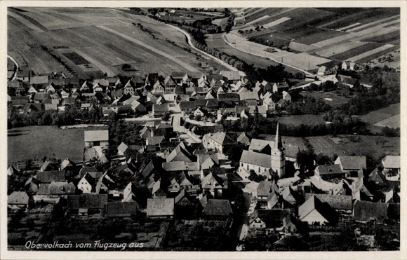 Postcard Obervolkach Volkach, aerial photograph