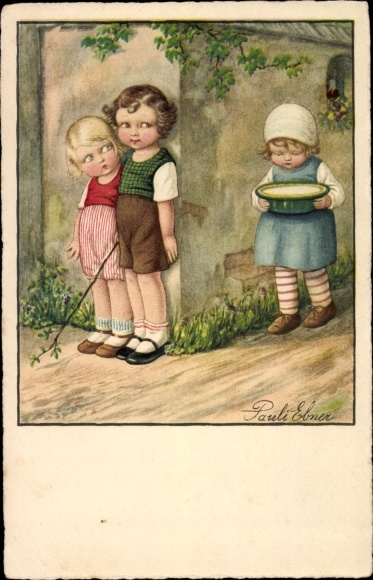 Kunstenaarskaart Ebner, Pauli, spelende kinderen, meisje draagt taart