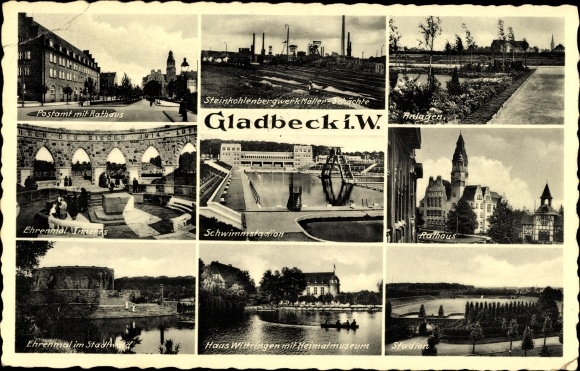 Postcard Gladbeck in the Ruhr area, post office, town hall, swimming stadium, Wittringen house, stadium