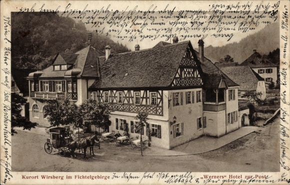 Postcard Wirsberg in the Fichtelgebirge, Werners Hotel Zur Post, carriage