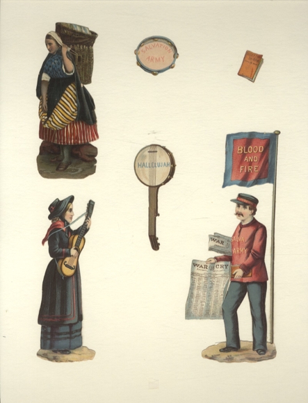 6 wafers women, men, musical instruments of the Salvation Army, 15.5 x 6 cm to 2 x 2 cm