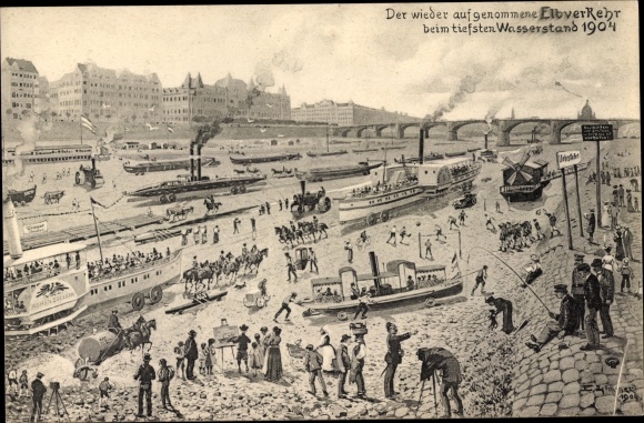 Artist PC Dresden, Elbe traffic at the lowest water level in 1904, steamer Hohenzollern, local residents