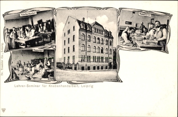Postcard Leipzig in Saxony, teacher training college for boys' handicrafts, workbench work, modeling, cardboard work