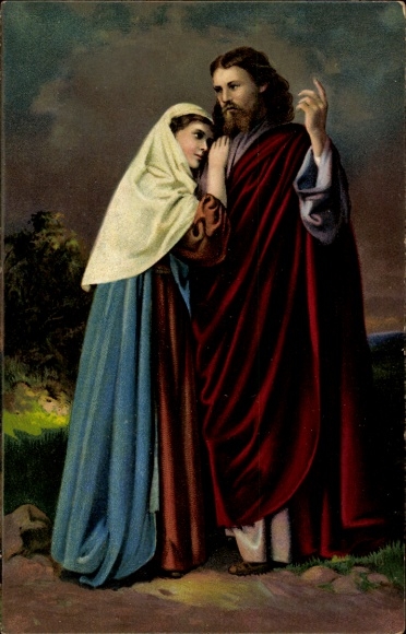 Ansichtkaart Oberammergau in Opper-Beieren, Passiespel, Christus en Maria