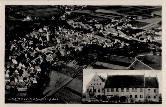Postcard Rain am Lech Schwaben, aerial view of workers' service building