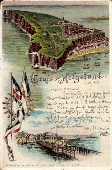 litho Noordzee-eiland Helgoland, algemeen beeld, haven, vlaggen