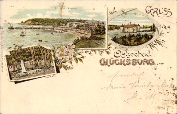 Litho Glücksburg in Sleeswijk-Holstein, Stahlquelle, kasteel, strandhotel