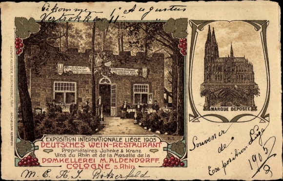 Chromo-Litho Cologne on the Rhine, Exposition Internationale Liege 1905, German wine restaurant, cathedral winery