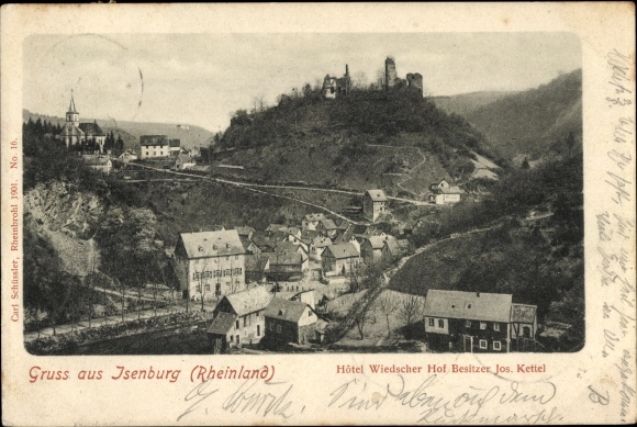 Postcard Isenburg in the Sayntal Westerwald, partial view, Hotel Wiedscher Hof