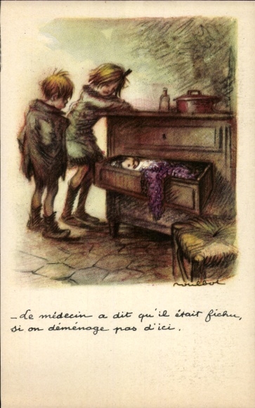 Artist Postcard Poulbot, Franciscque, Children, Baby sleeping in a drawer