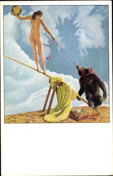Artist Postcard Müller, Richard, On the Swing, Female Nude, Dancing Bear