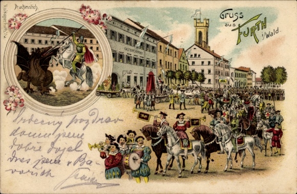 Chromo-Litho Furth im Wald Upper Palatinate Bavaria, Drachenstichfest 1901, street parade, Gasthof zur Post