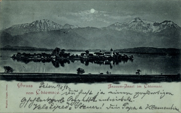 Postcard Frauenchiemsee Fraueninsel Chiemsee Upper Bavaria, Fraueninsel in the mountains in the background, Mondsche