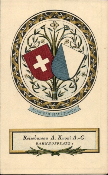 Wappen Ak Reklame, Reisebureau A. Kuoni AG, Billian, Schweizer Uhren