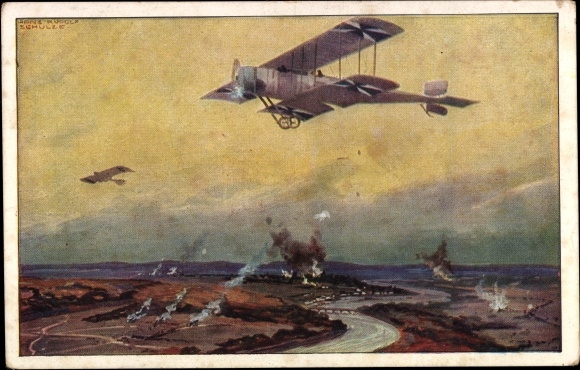 Artist PC Schulze, Hans Rudolf, military biplane on reconnaissance flight on the Marne, I. WW