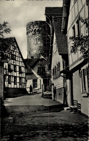 Postcard Lindenfels in the Odenwald, Altstadtstraße, r tower, half-timbered houses, quiet atmosphere, Odenwald
