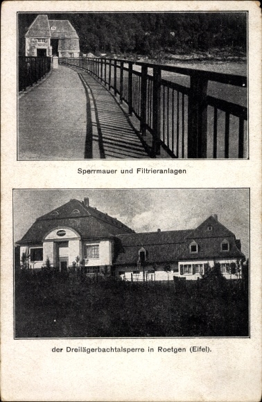 Ak Roetgen in der Eifel, Sperrmauer und Filtrieranlagen der Dreilägerbachtalsperre