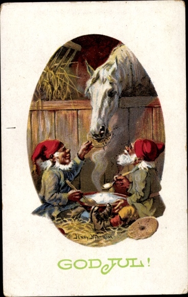 Artist PC Nyström, J., Happy Christmas, dwarfs feed a horse