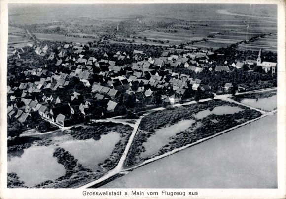 Postcard Großwallstadt am Main, aerial photograph