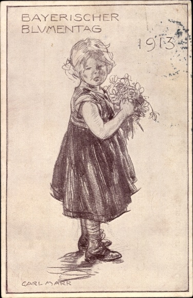 Postal stationery artist PC Marr, Carl, Bavarian flower day 1913, girl with flowers