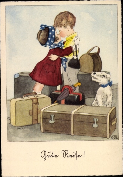 Artist PC Lindeberg, have a good trip, kiss goodbye, suitcase, luggage, dog