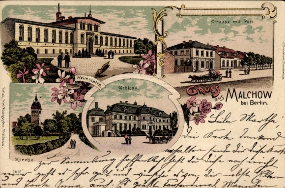 Chromo-Litho Berlin Weißensee Malchow, castle, homestead, church, post office