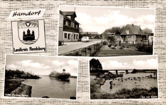 Ak Hamdorf in Sleeswijk-Holstein, gedeeltelijk zicht, Noord-Oostzeekanaal